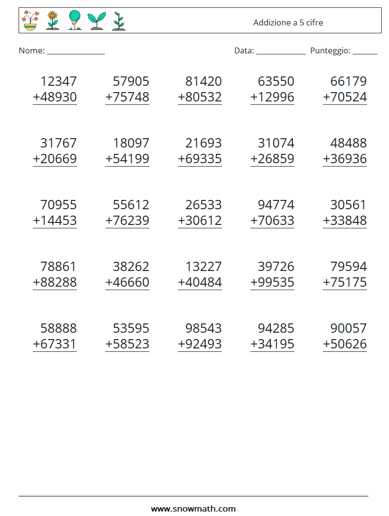 (25) Addizione a 5 cifre Fogli di lavoro di matematica 1