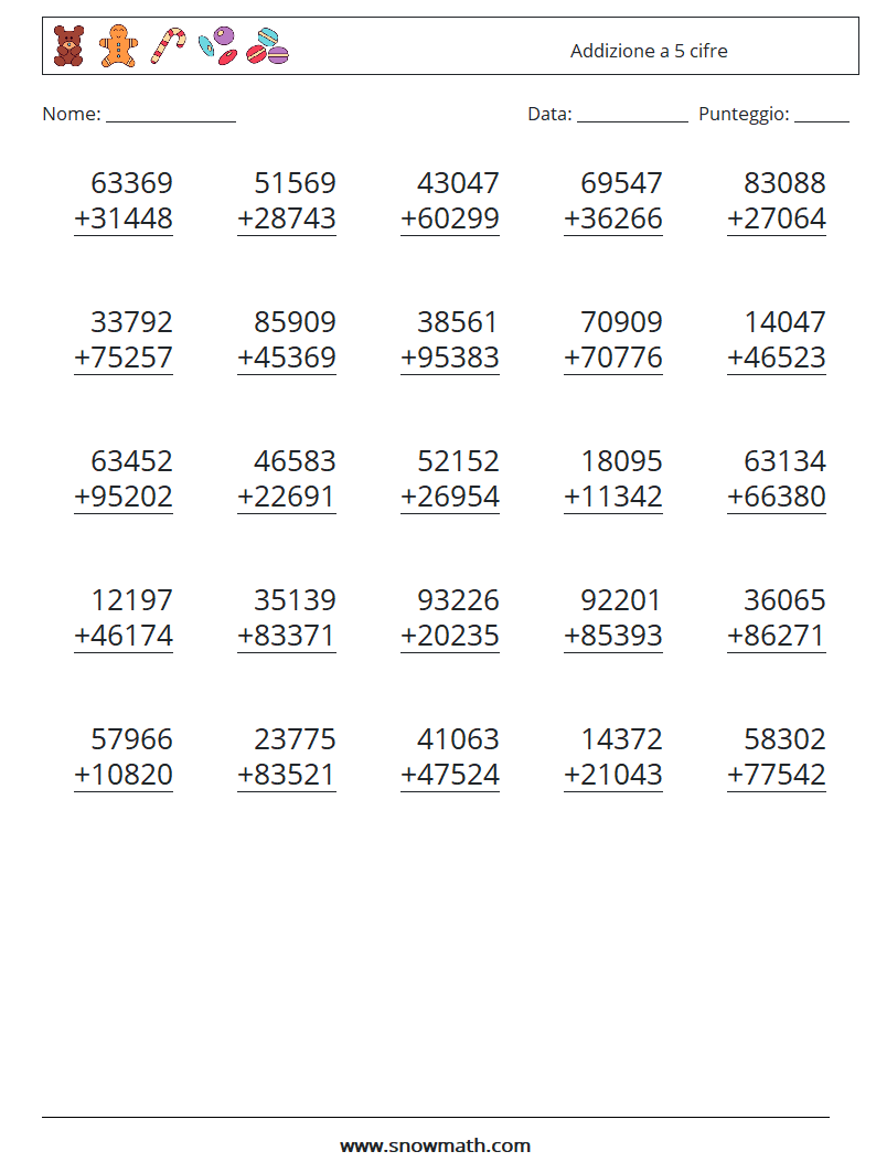 (25) Addizione a 5 cifre Fogli di lavoro di matematica 10