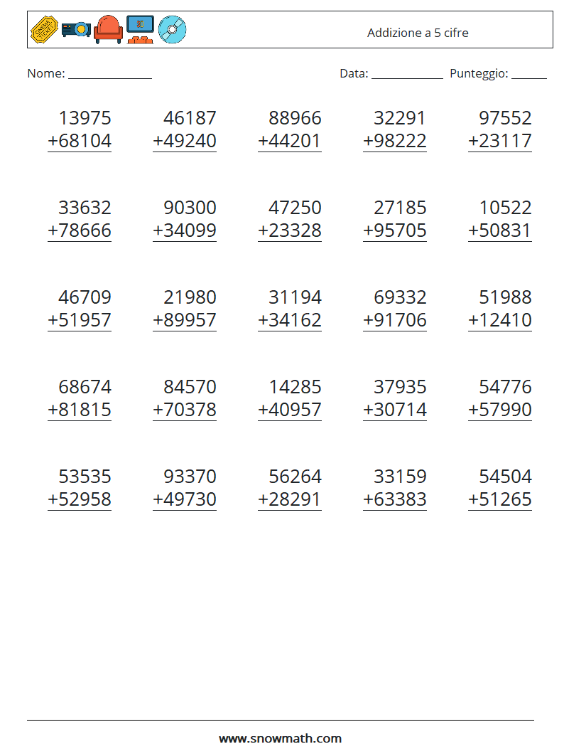 (25) Addizione a 5 cifre Fogli di lavoro di matematica 11