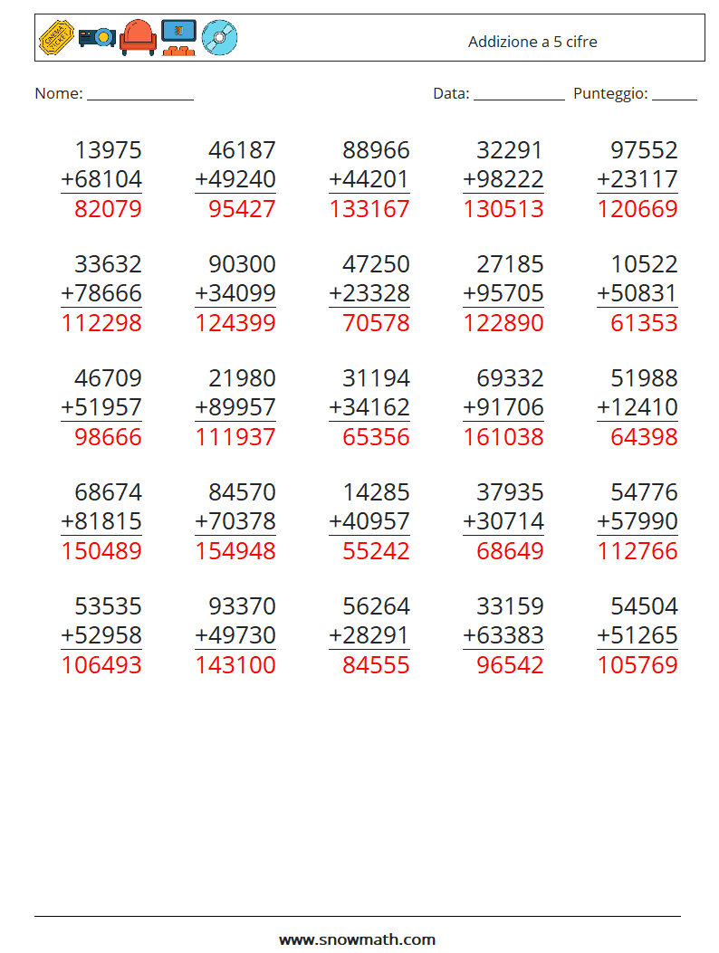 (25) Addizione a 5 cifre Fogli di lavoro di matematica 11 Domanda, Risposta