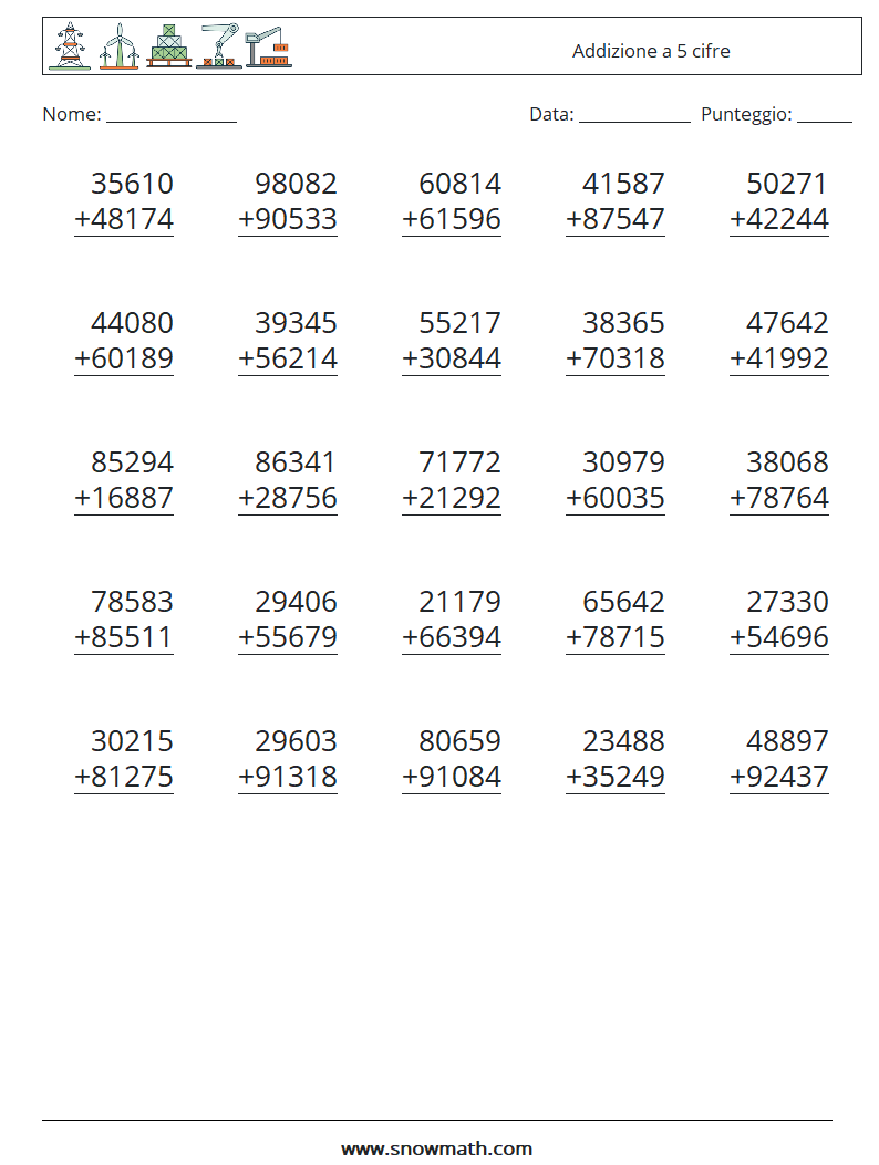 (25) Addizione a 5 cifre Fogli di lavoro di matematica 12