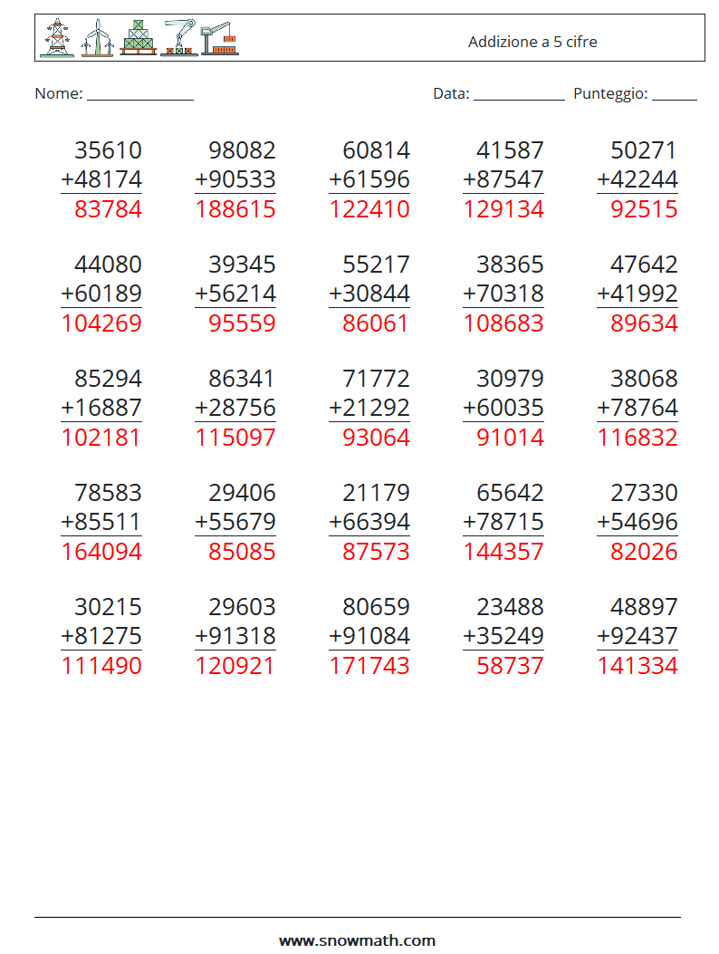 (25) Addizione a 5 cifre Fogli di lavoro di matematica 12 Domanda, Risposta