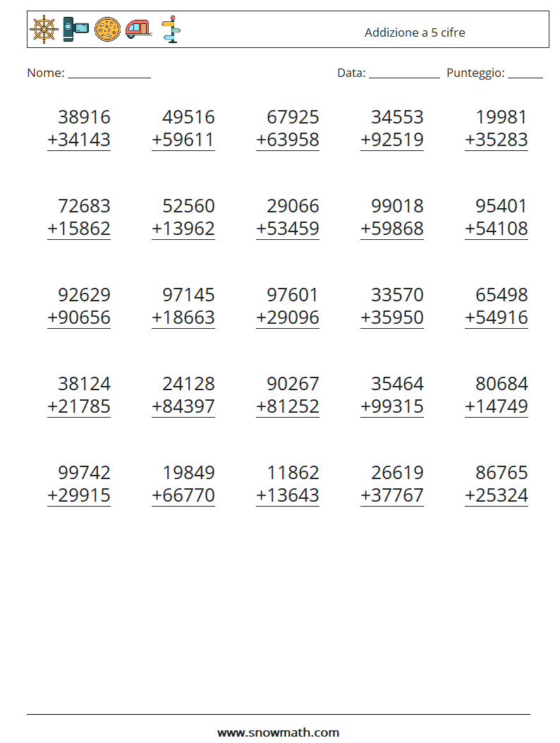 (25) Addizione a 5 cifre Fogli di lavoro di matematica 13