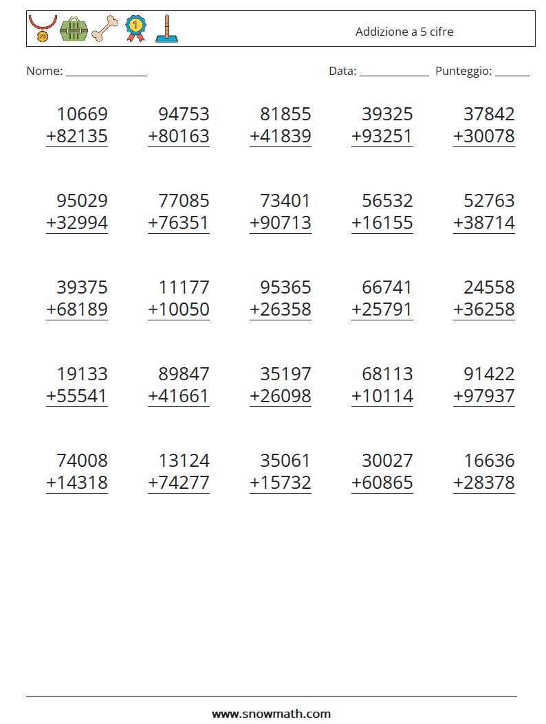 (25) Addizione a 5 cifre Fogli di lavoro di matematica 14