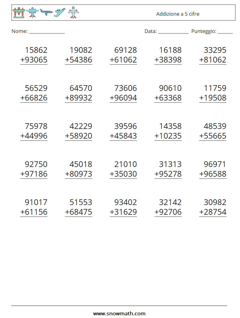 (25) Addizione a 5 cifre Fogli di lavoro di matematica 15