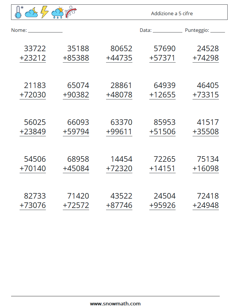 (25) Addizione a 5 cifre Fogli di lavoro di matematica 16