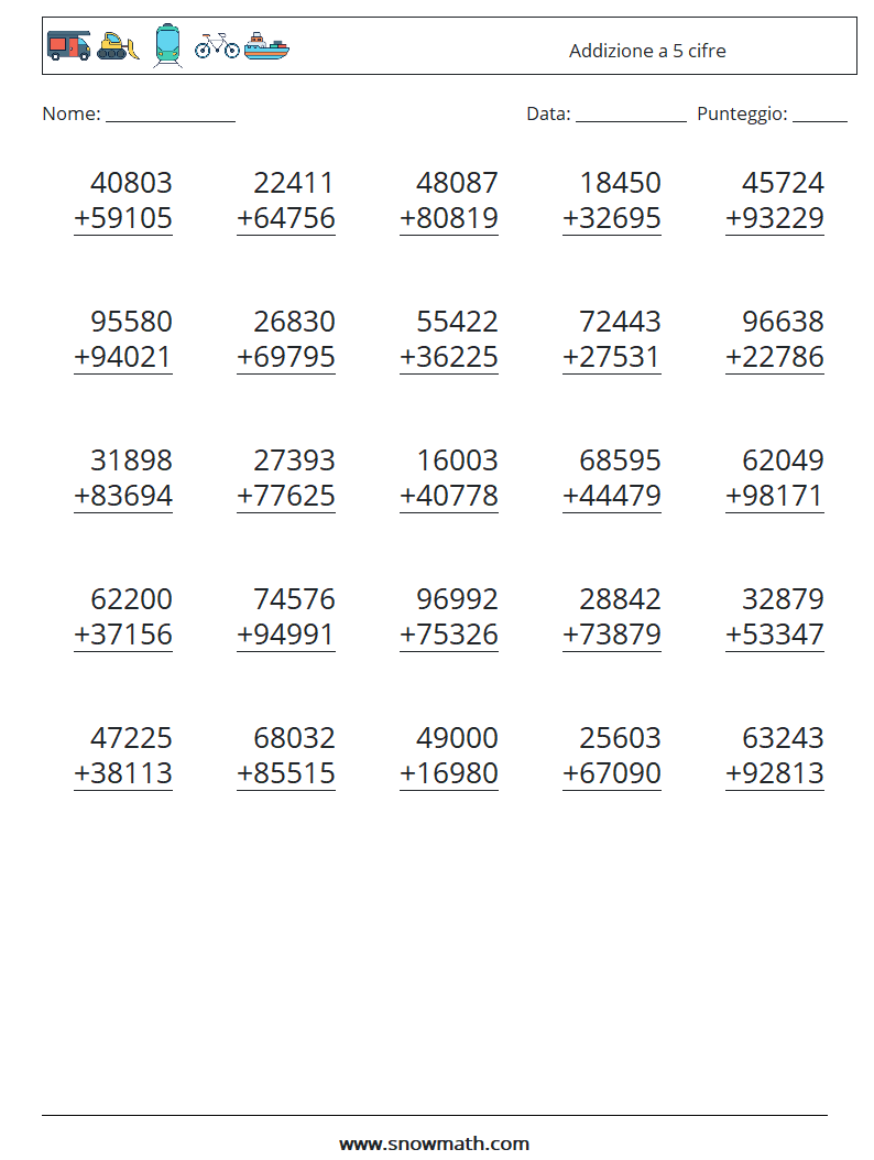 (25) Addizione a 5 cifre Fogli di lavoro di matematica 17