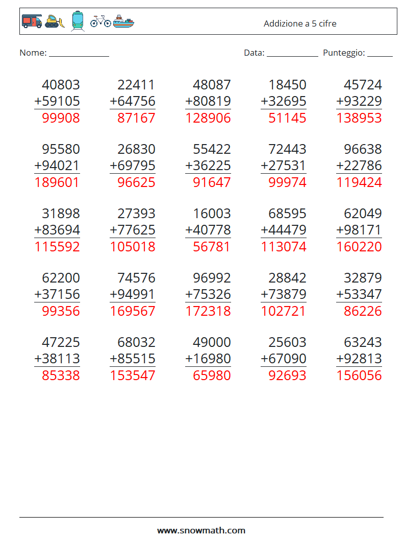 (25) Addizione a 5 cifre Fogli di lavoro di matematica 17 Domanda, Risposta