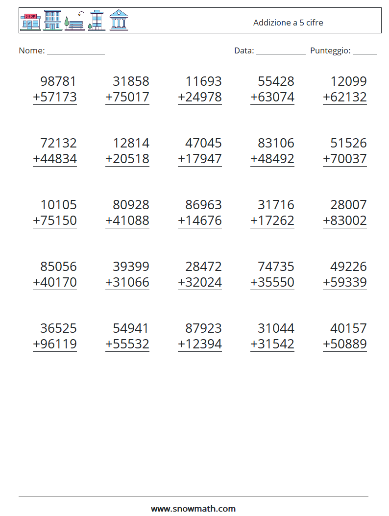 (25) Addizione a 5 cifre Fogli di lavoro di matematica 18