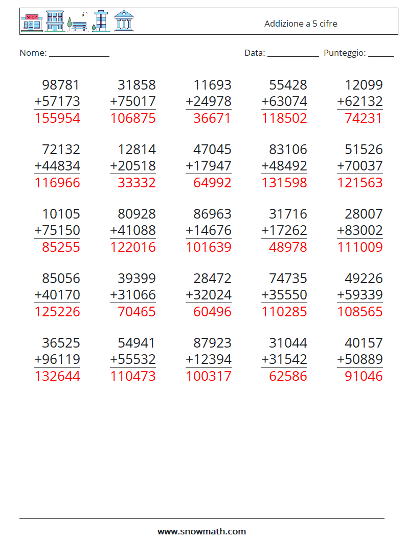 (25) Addizione a 5 cifre Fogli di lavoro di matematica 18 Domanda, Risposta