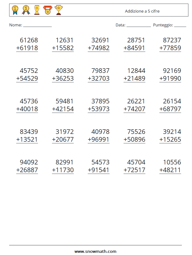 (25) Addizione a 5 cifre Fogli di lavoro di matematica 2