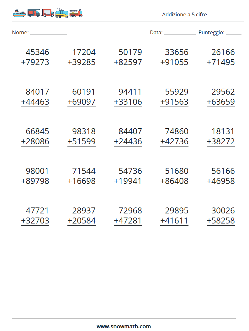 (25) Addizione a 5 cifre Fogli di lavoro di matematica 3