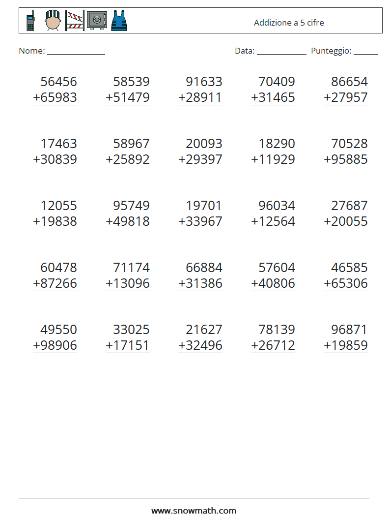 (25) Addizione a 5 cifre Fogli di lavoro di matematica 4