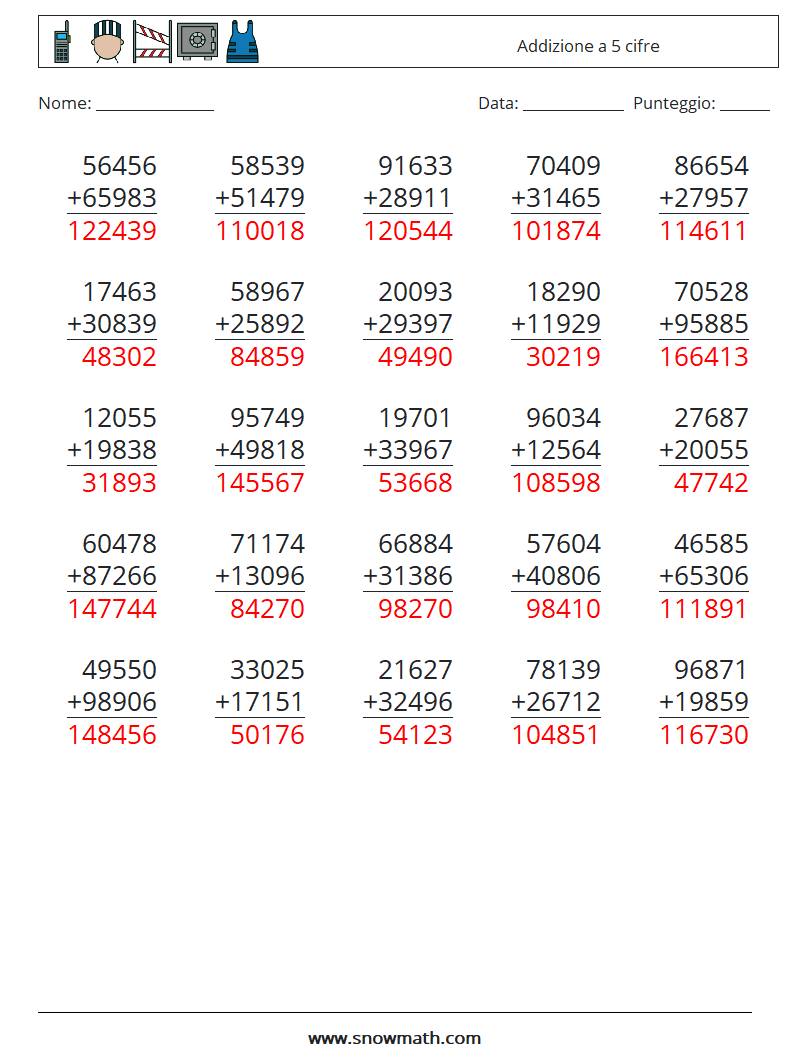 (25) Addizione a 5 cifre Fogli di lavoro di matematica 4 Domanda, Risposta