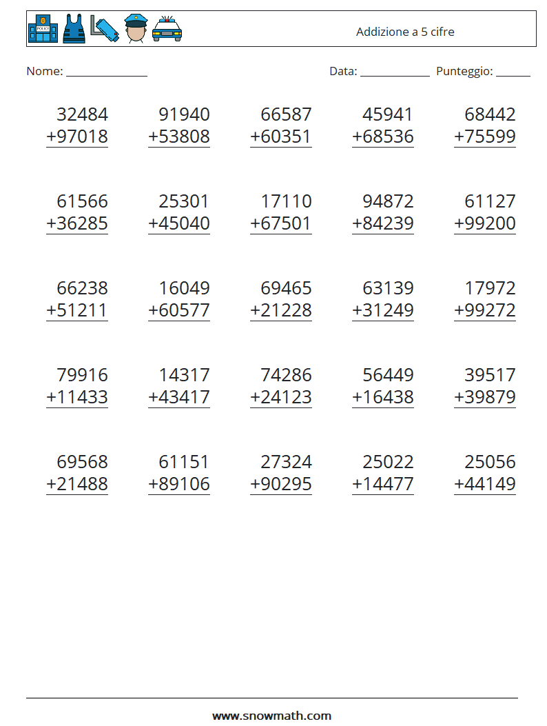 (25) Addizione a 5 cifre Fogli di lavoro di matematica 5