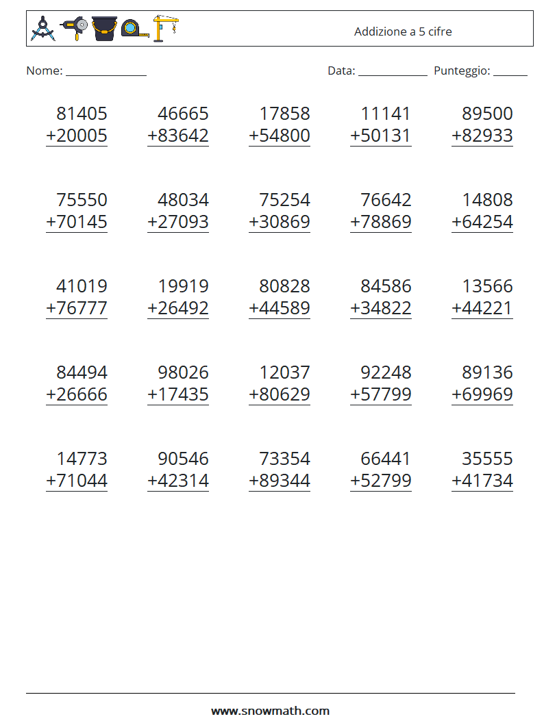 (25) Addizione a 5 cifre Fogli di lavoro di matematica 6