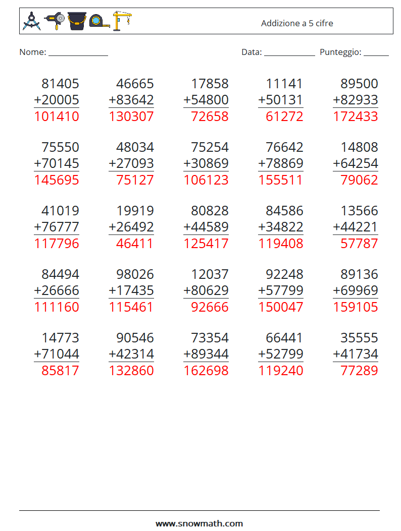 (25) Addizione a 5 cifre Fogli di lavoro di matematica 6 Domanda, Risposta