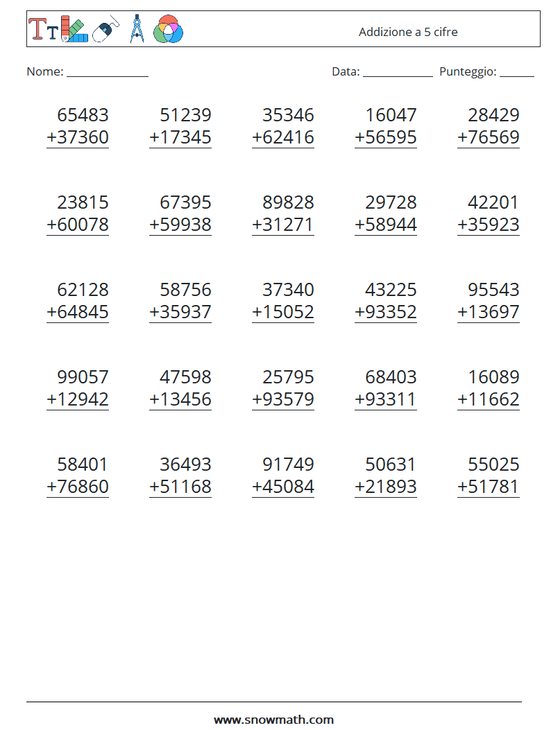 (25) Addizione a 5 cifre Fogli di lavoro di matematica 7