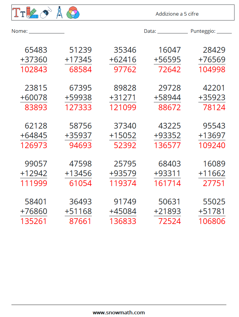 (25) Addizione a 5 cifre Fogli di lavoro di matematica 7 Domanda, Risposta