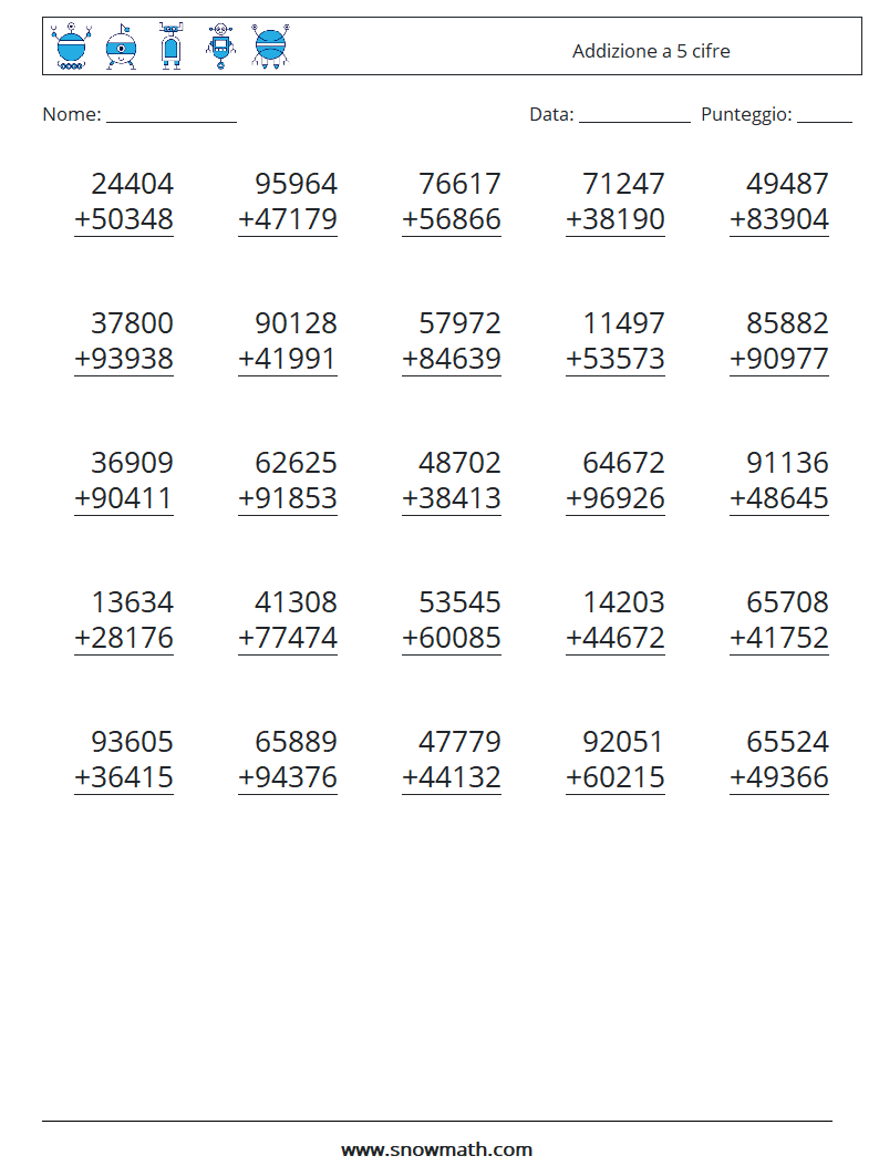 (25) Addizione a 5 cifre Fogli di lavoro di matematica 8