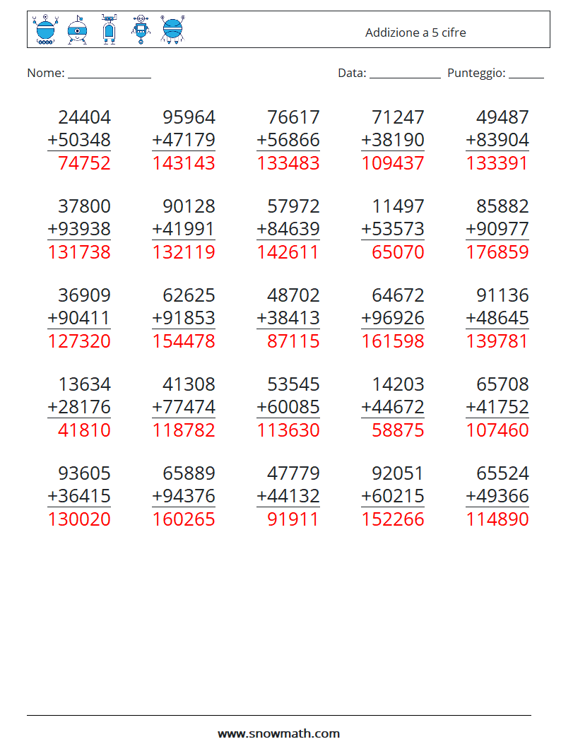 (25) Addizione a 5 cifre Fogli di lavoro di matematica 8 Domanda, Risposta