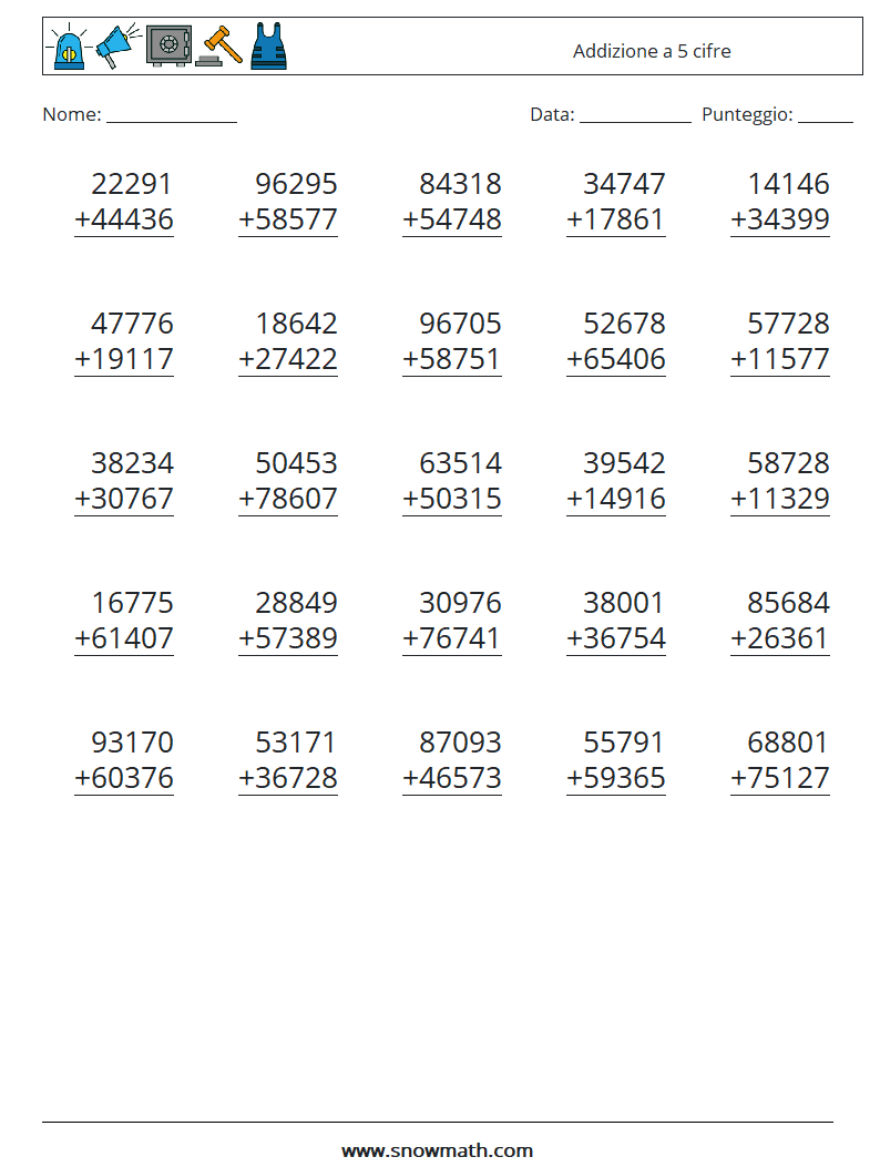 (25) Addizione a 5 cifre Fogli di lavoro di matematica 9