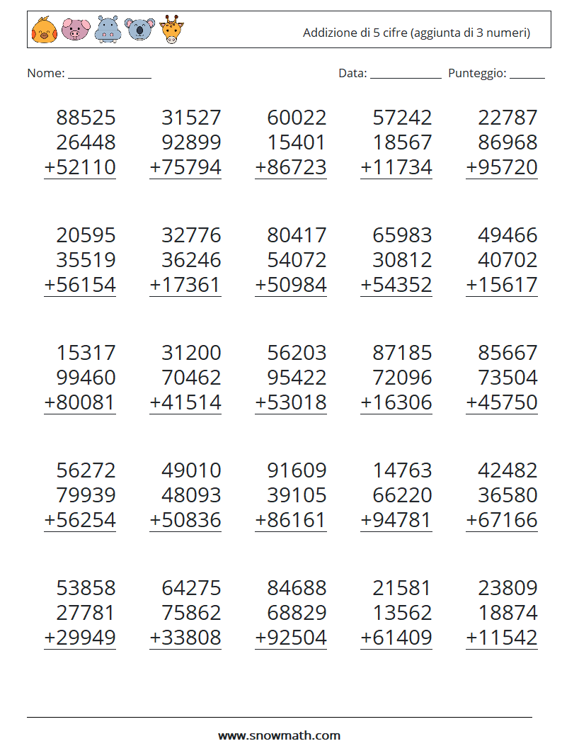 (25) Addizione di 5 cifre (aggiunta di 3 numeri) Fogli di lavoro di matematica 1