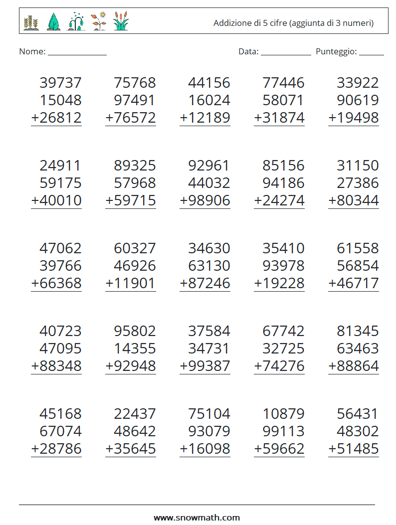 (25) Addizione di 5 cifre (aggiunta di 3 numeri) Fogli di lavoro di matematica 10