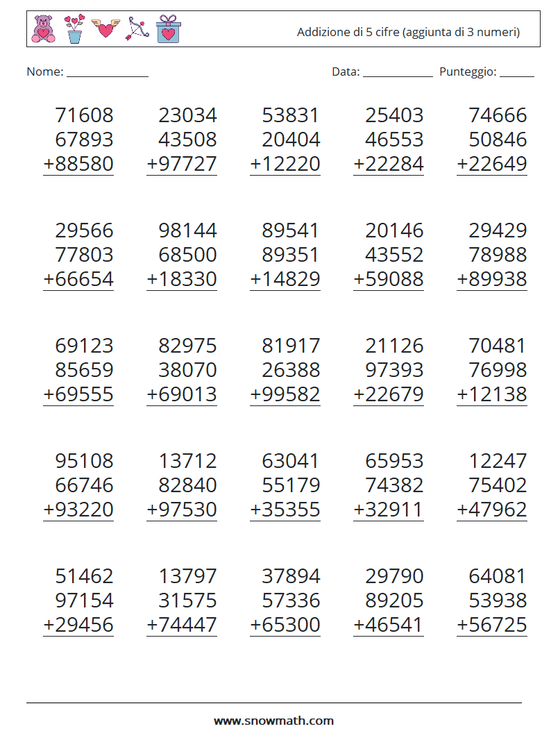 (25) Addizione di 5 cifre (aggiunta di 3 numeri) Fogli di lavoro di matematica 11