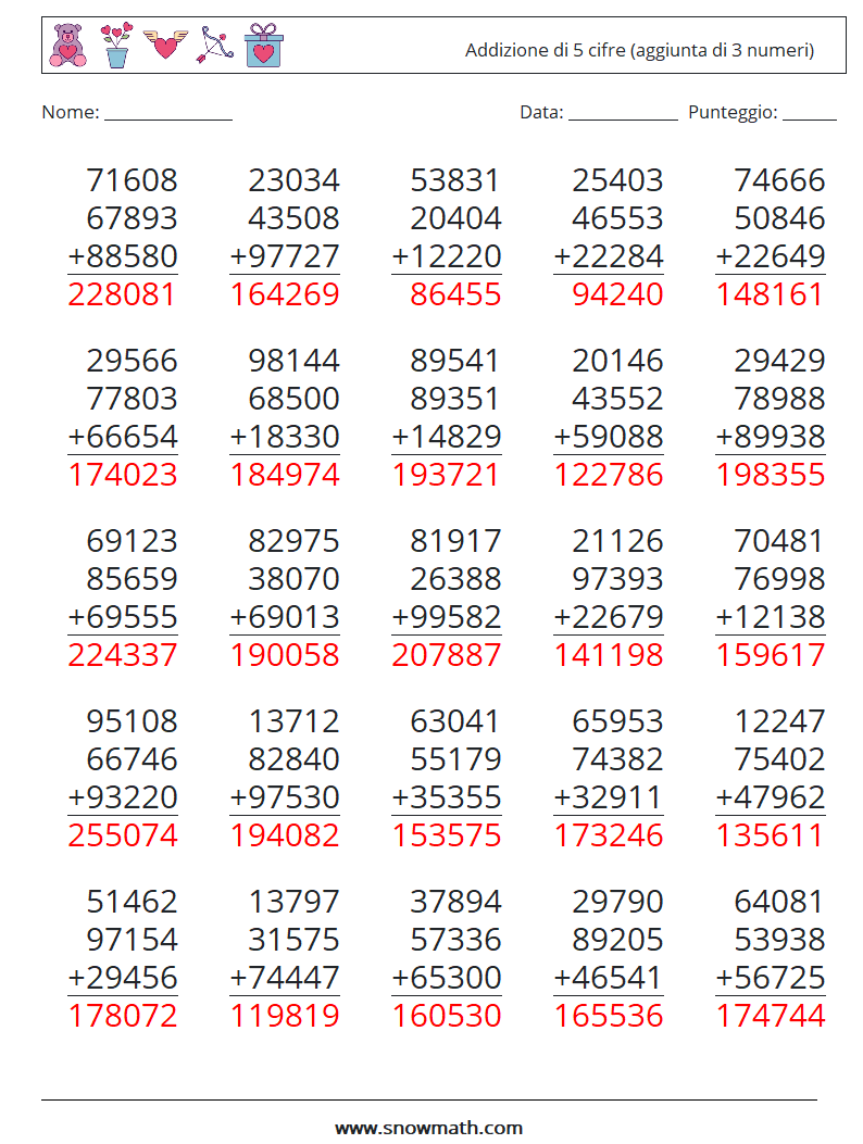 (25) Addizione di 5 cifre (aggiunta di 3 numeri) Fogli di lavoro di matematica 11 Domanda, Risposta