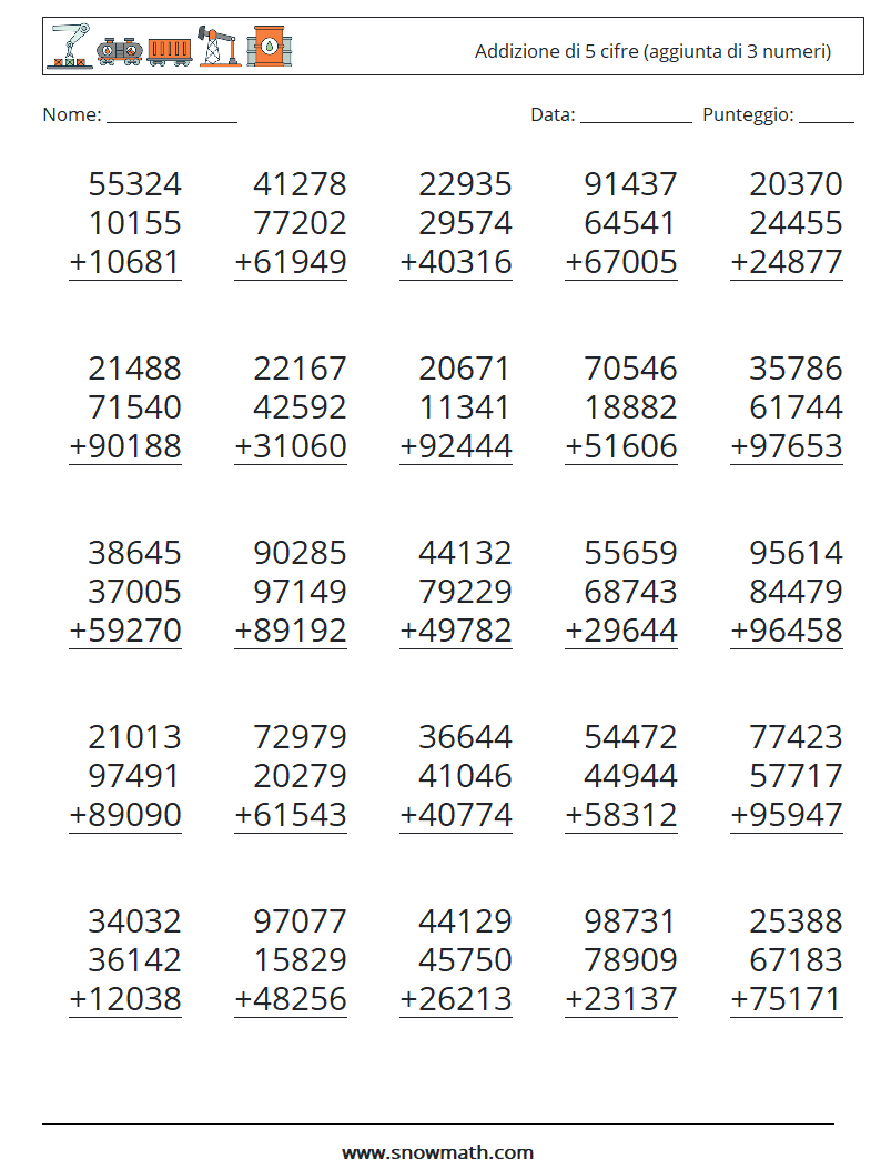 (25) Addizione di 5 cifre (aggiunta di 3 numeri) Fogli di lavoro di matematica 12