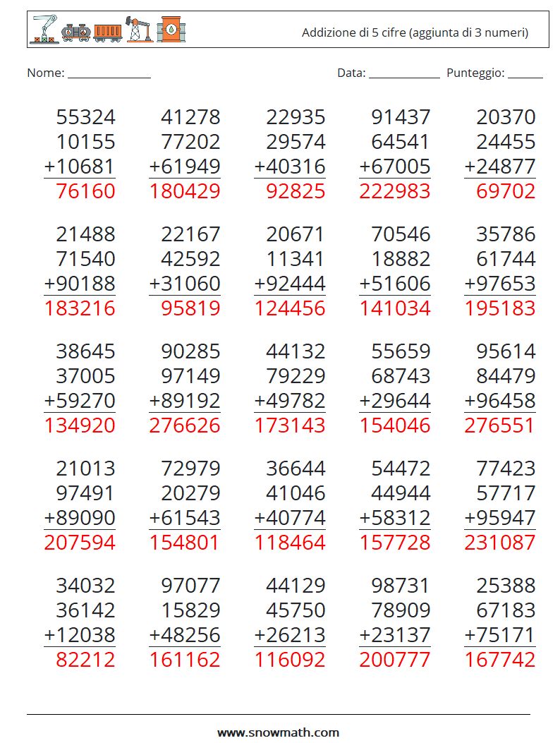 (25) Addizione di 5 cifre (aggiunta di 3 numeri) Fogli di lavoro di matematica 12 Domanda, Risposta