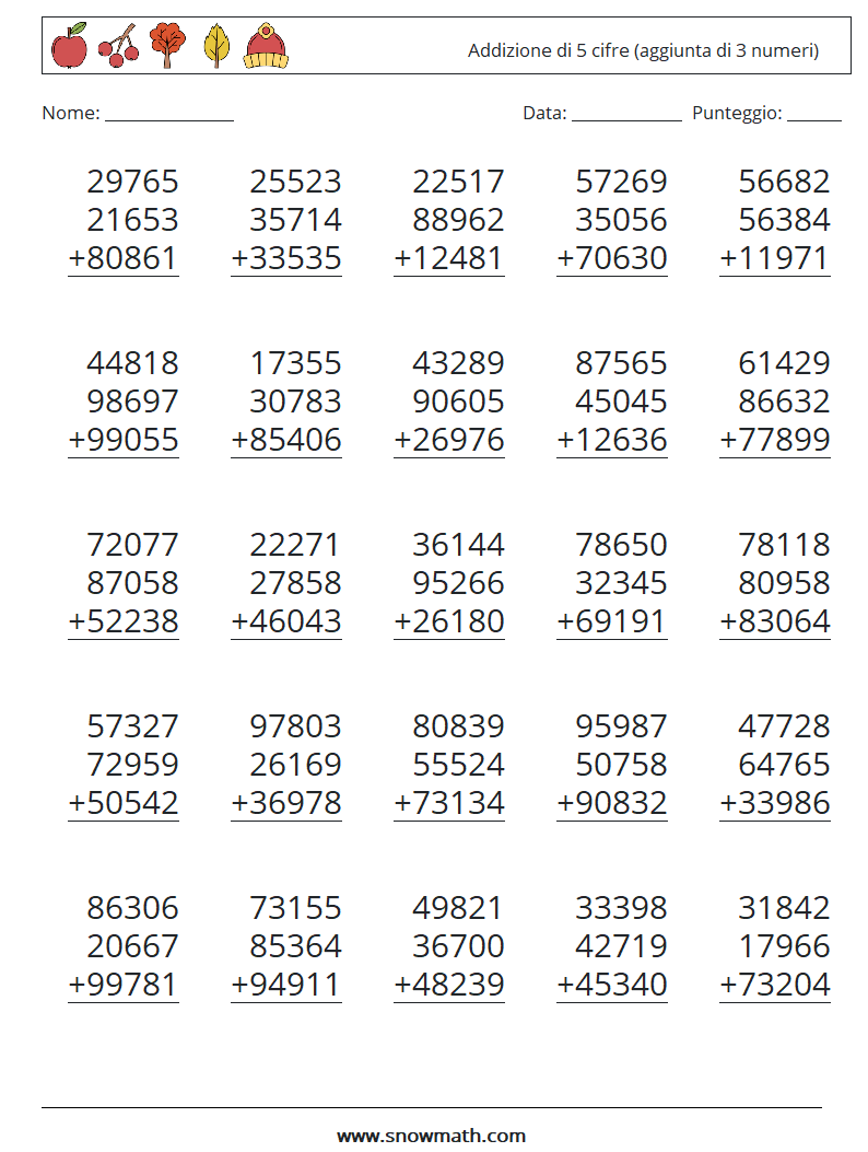 (25) Addizione di 5 cifre (aggiunta di 3 numeri) Fogli di lavoro di matematica 13