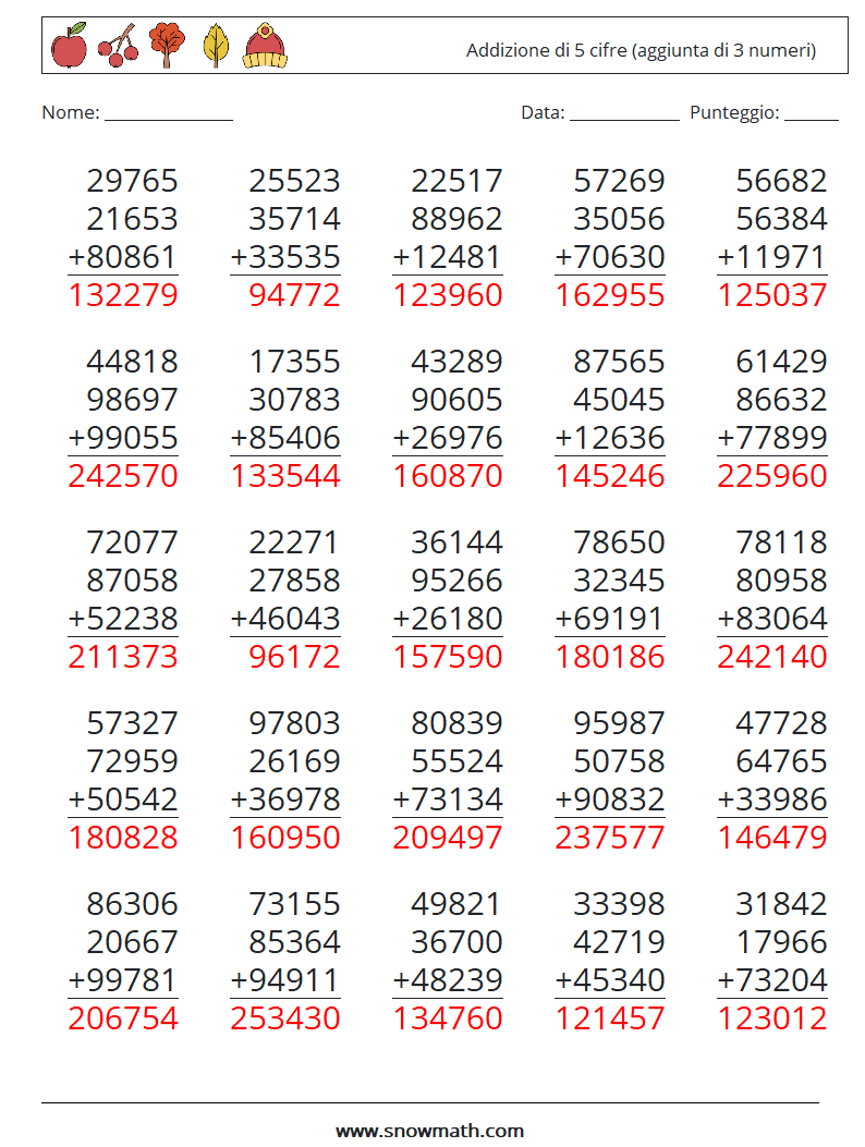 (25) Addizione di 5 cifre (aggiunta di 3 numeri) Fogli di lavoro di matematica 13 Domanda, Risposta