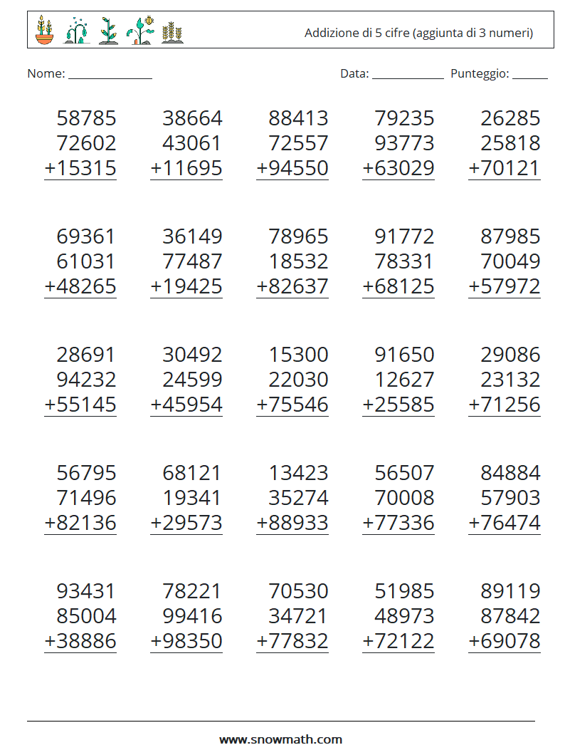 (25) Addizione di 5 cifre (aggiunta di 3 numeri) Fogli di lavoro di matematica 14