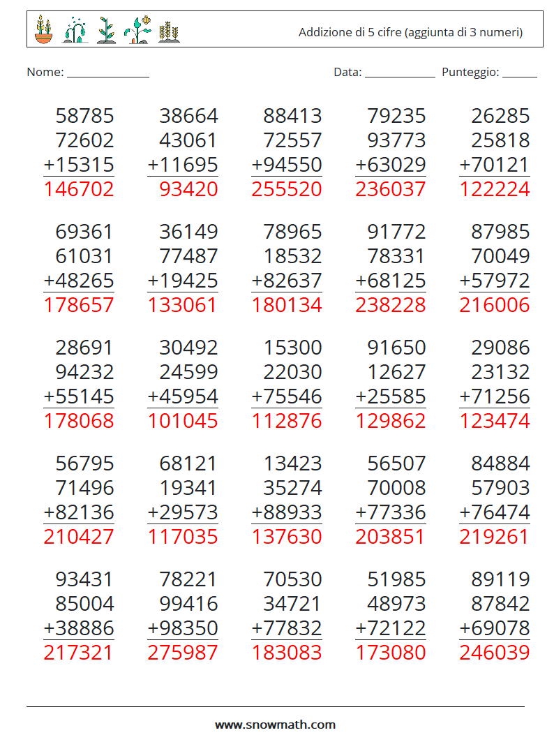 (25) Addizione di 5 cifre (aggiunta di 3 numeri) Fogli di lavoro di matematica 14 Domanda, Risposta