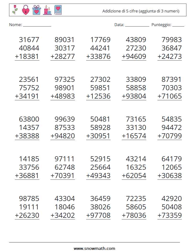 (25) Addizione di 5 cifre (aggiunta di 3 numeri) Fogli di lavoro di matematica 15