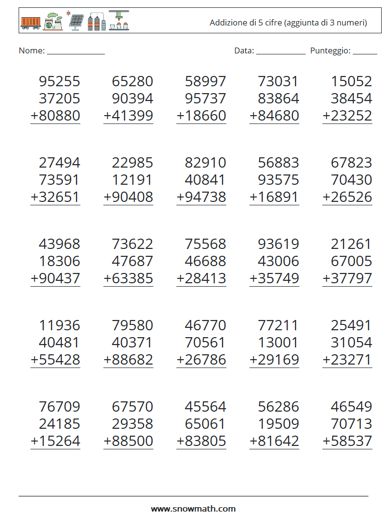 (25) Addizione di 5 cifre (aggiunta di 3 numeri) Fogli di lavoro di matematica 16