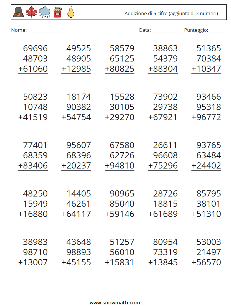 (25) Addizione di 5 cifre (aggiunta di 3 numeri) Fogli di lavoro di matematica 17