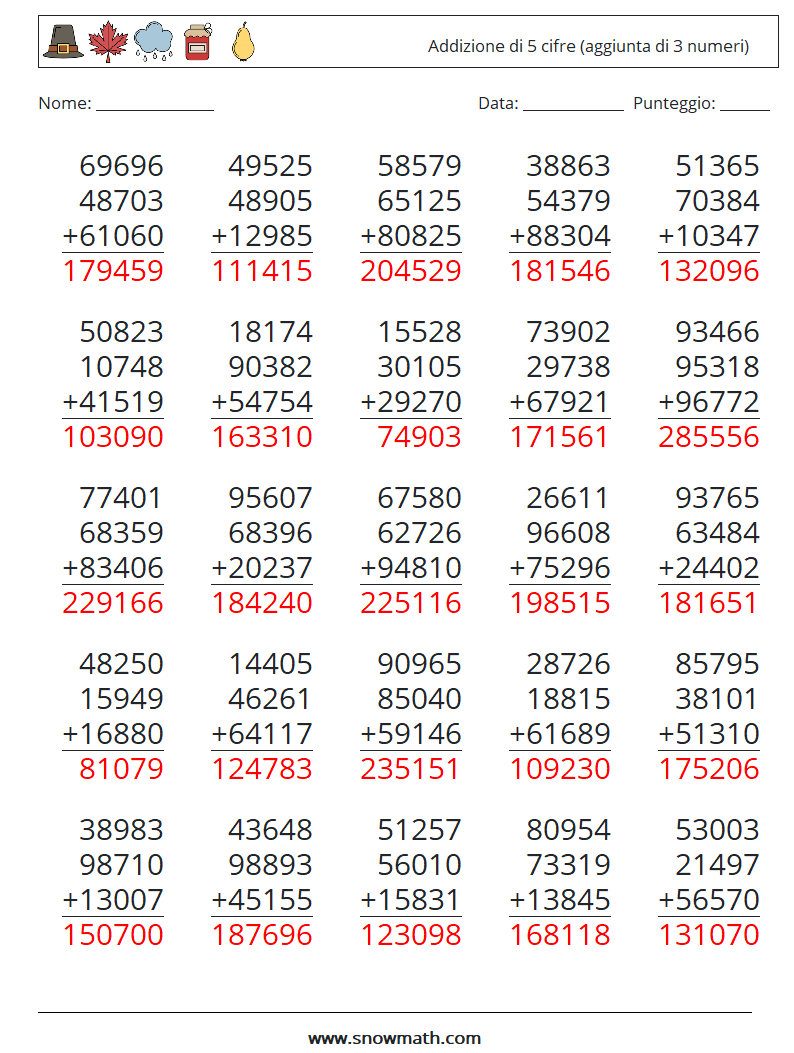 (25) Addizione di 5 cifre (aggiunta di 3 numeri) Fogli di lavoro di matematica 17 Domanda, Risposta