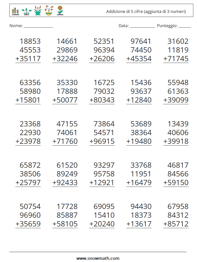 (25) Addizione di 5 cifre (aggiunta di 3 numeri) Fogli di lavoro di matematica 18