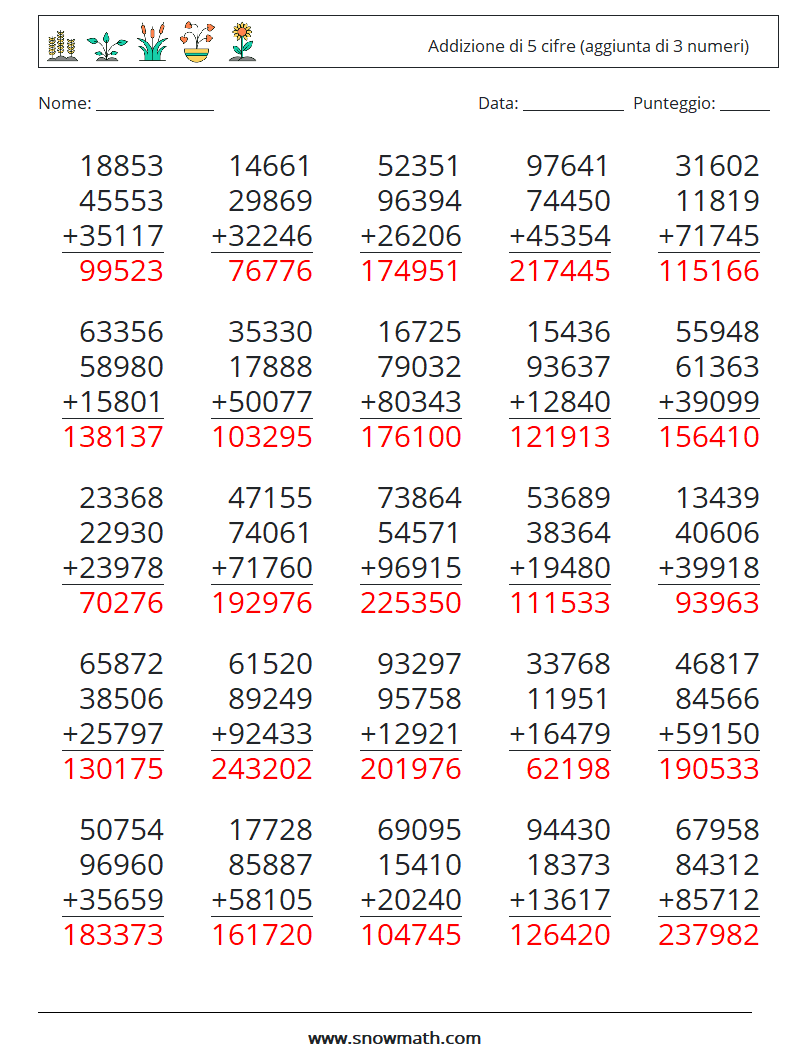 (25) Addizione di 5 cifre (aggiunta di 3 numeri) Fogli di lavoro di matematica 18 Domanda, Risposta