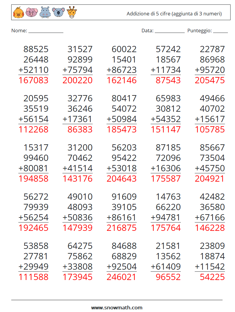 (25) Addizione di 5 cifre (aggiunta di 3 numeri) Fogli di lavoro di matematica 1 Domanda, Risposta