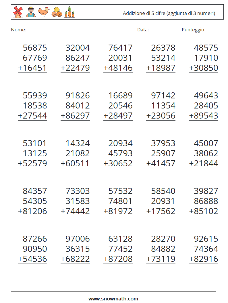 (25) Addizione di 5 cifre (aggiunta di 3 numeri) Fogli di lavoro di matematica 2