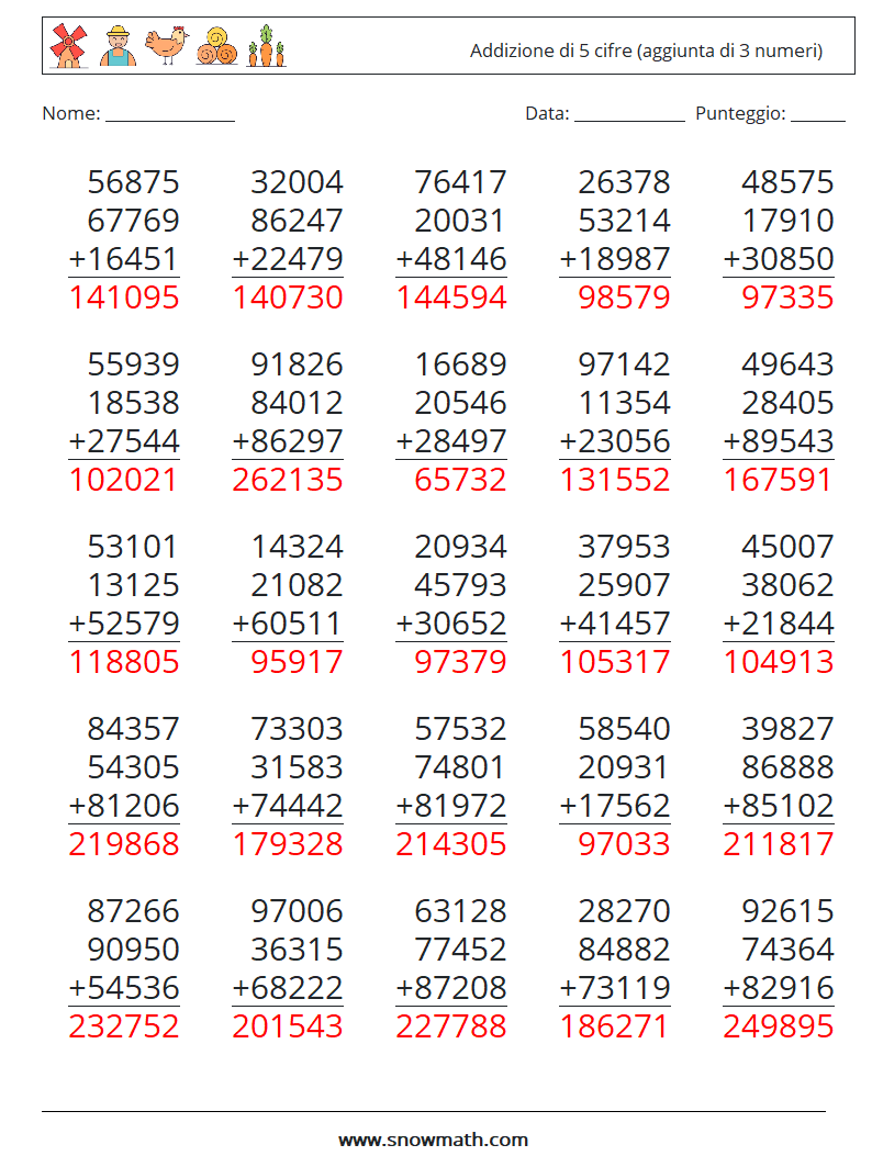 (25) Addizione di 5 cifre (aggiunta di 3 numeri) Fogli di lavoro di matematica 2 Domanda, Risposta