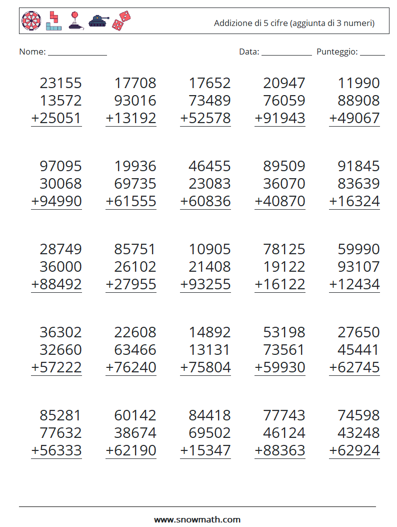 (25) Addizione di 5 cifre (aggiunta di 3 numeri) Fogli di lavoro di matematica 3