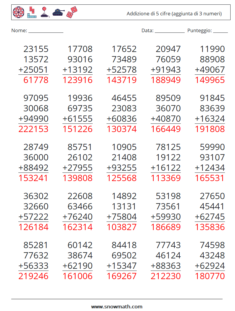 (25) Addizione di 5 cifre (aggiunta di 3 numeri) Fogli di lavoro di matematica 3 Domanda, Risposta