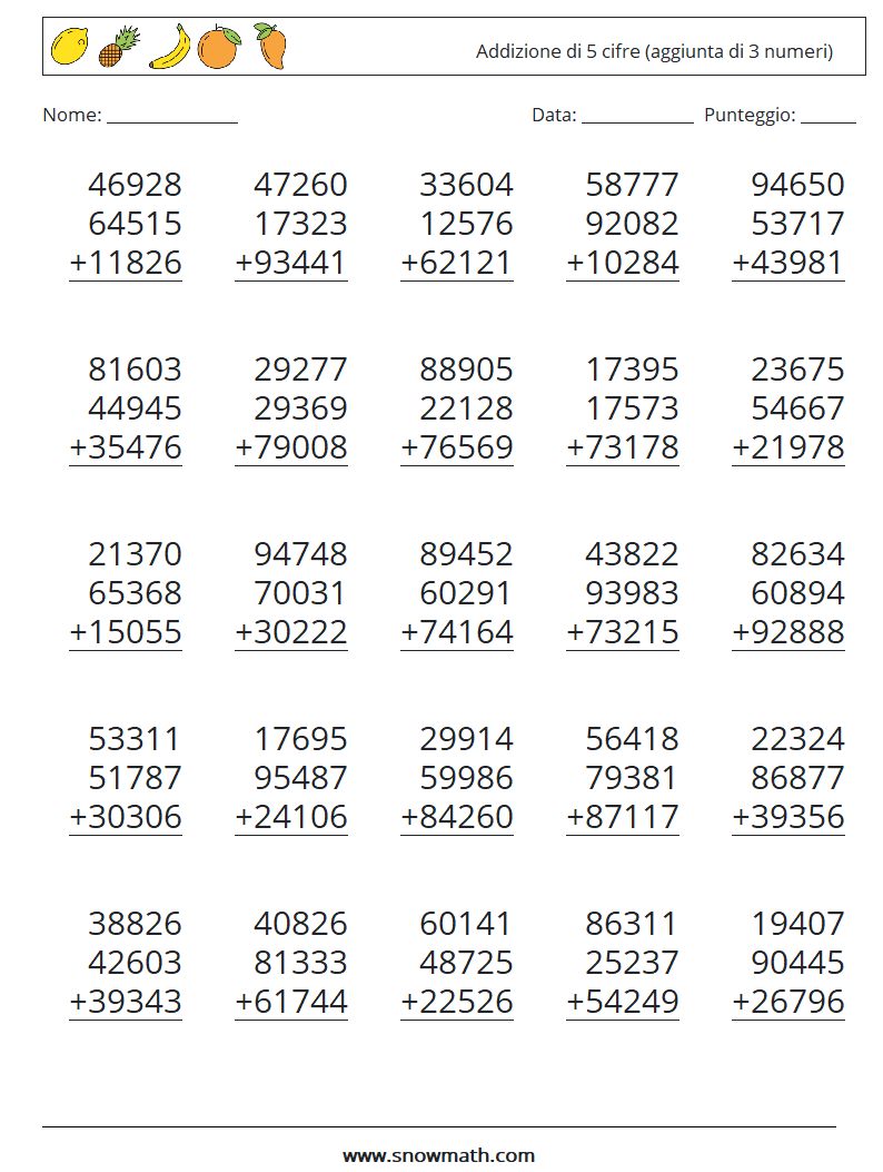 (25) Addizione di 5 cifre (aggiunta di 3 numeri) Fogli di lavoro di matematica 4