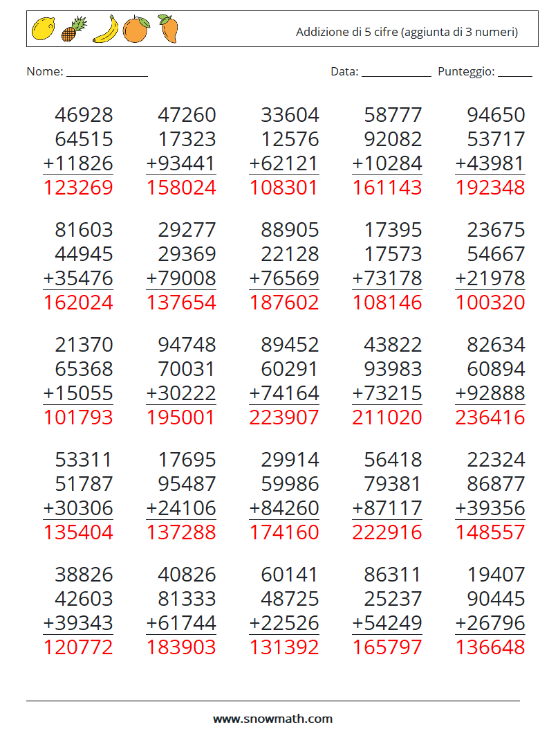 (25) Addizione di 5 cifre (aggiunta di 3 numeri) Fogli di lavoro di matematica 4 Domanda, Risposta