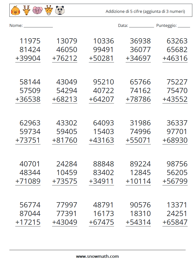 (25) Addizione di 5 cifre (aggiunta di 3 numeri) Fogli di lavoro di matematica 5